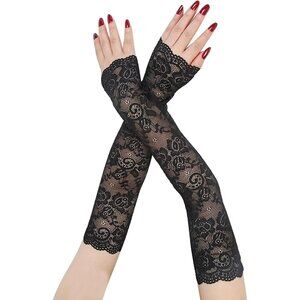 Women's A-Black Floral Lace Long Arm Sleeves Hollow Fingerless Gloves Design